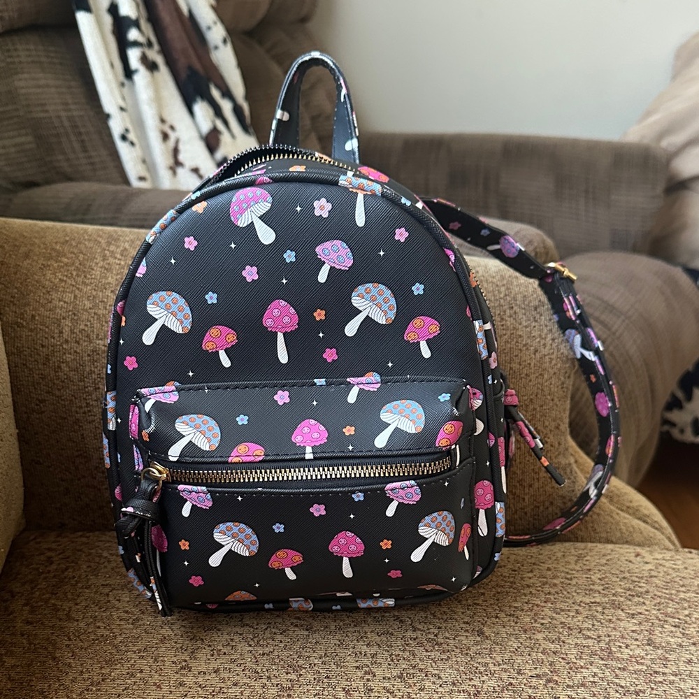 Under One Sky Black Kids Backpack with Mushroom Print